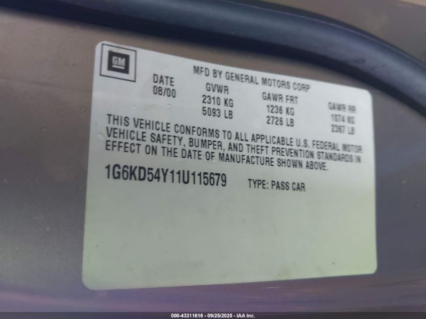 2001 Cadillac Deville Standard W/W20 VIN: 1G6KD54Y11U115679 Lot: 43311616