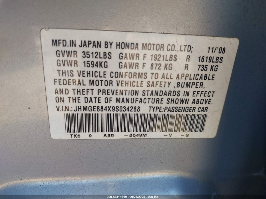 2009 Honda Fit Sport VIN: JHMGE884X9S034288 Lot: 43311619