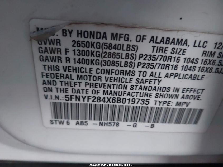 2006 Honda Pilot Ex VIN: 5FNYF284X6B019735 Lot: 43311643