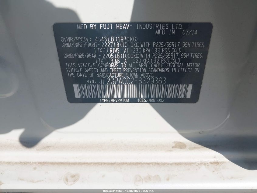 2014 Subaru Xv Crosstrek 2.0I Premium VIN: JF2GPACC2E8329363 Lot: 43311660