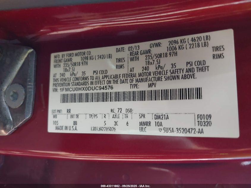 2013 Ford Escape Sel VIN: 1FMCU0HX0DUC94576 Lot: 43311662