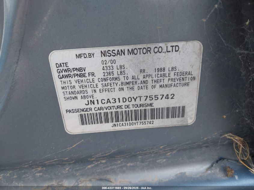 2000 Nissan Maxima Gle/Gxe/Se VIN: JN1CA31D0YT755742 Lot: 43311669