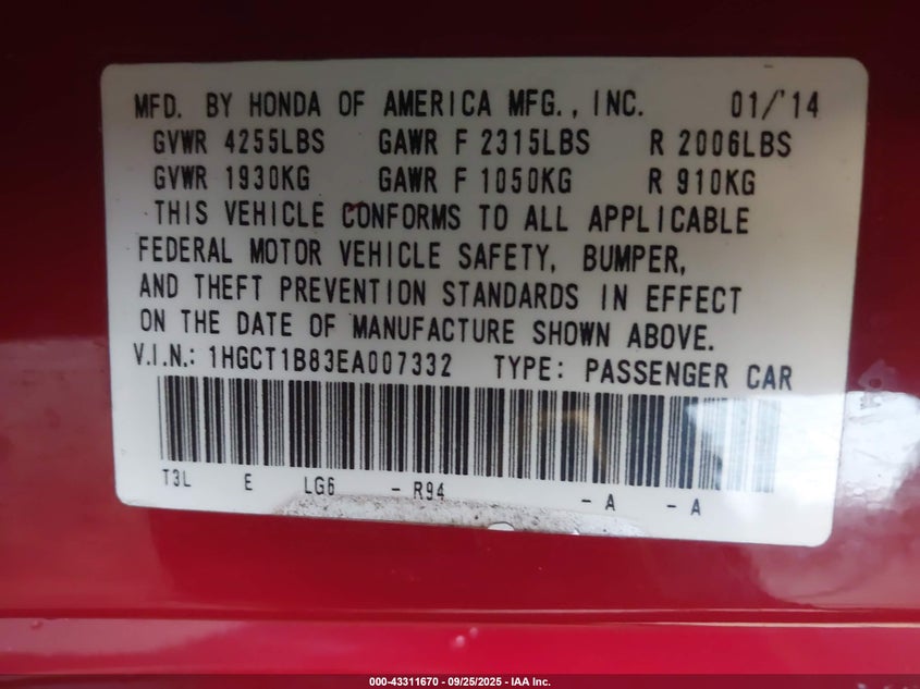 2014 HONDA ACCORD EX-L - 1HGCT1B83EA007332