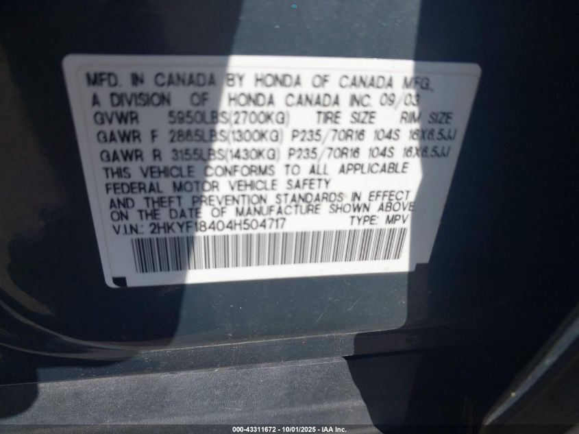 2004 Honda Pilot Ex VIN: 2HKYF18404H504717 Lot: 43311672