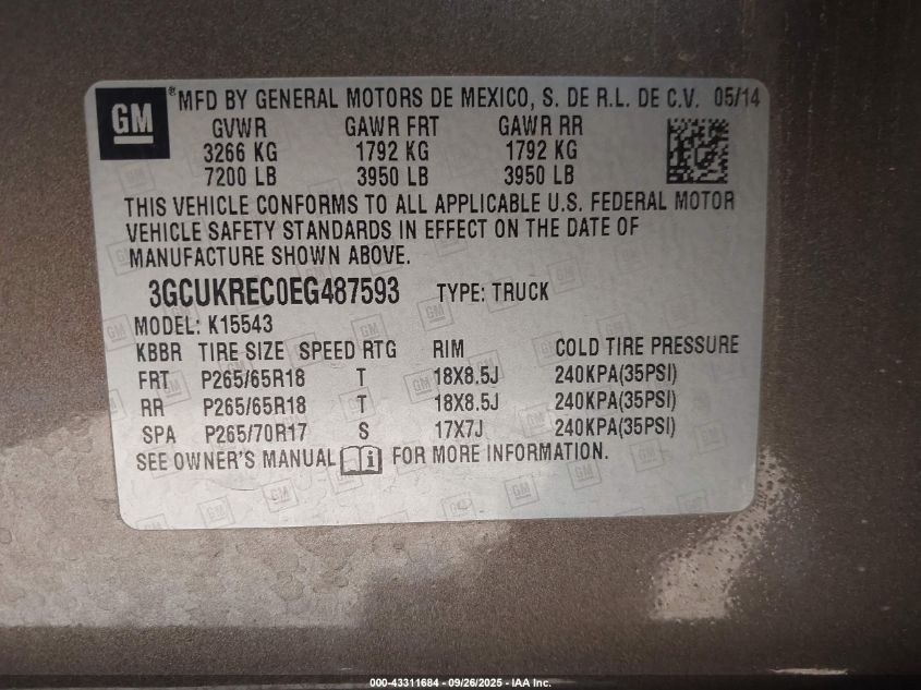 2014 Chevrolet Silverado 1500 1Lt VIN: 3GCUKREC0EG487593 Lot: 43311684