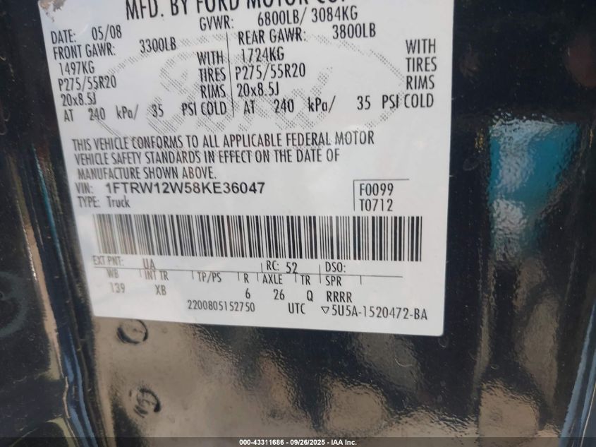 2008 Ford F-150 60Th Anniversary/Fx2/Xl/Xlt VIN: 1FTRW12W58KE36047 Lot: 43311686