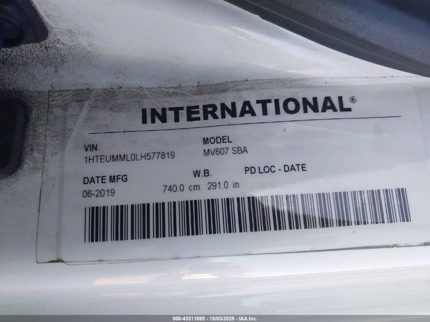 2020 International Mv VIN: 1HTEUMML0LH577819 Lot: 43311689