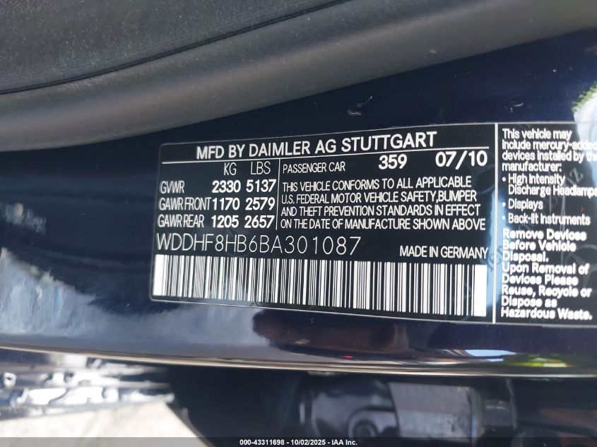 2011 Mercedes-Benz E 350 4Matic VIN: WDDHF8HB6BA301087 Lot: 43311698