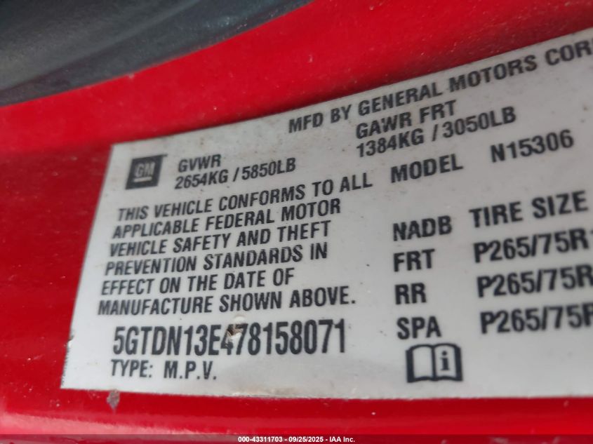 2007 Hummer H3 Suv VIN: 5GTDN13E478158071 Lot: 43311703