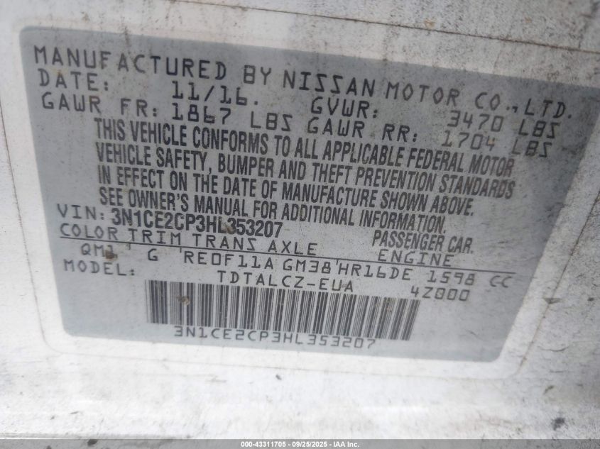 2017 Nissan Versa Note S Plus VIN: 3N1CE2CP3HL353207 Lot: 43311705