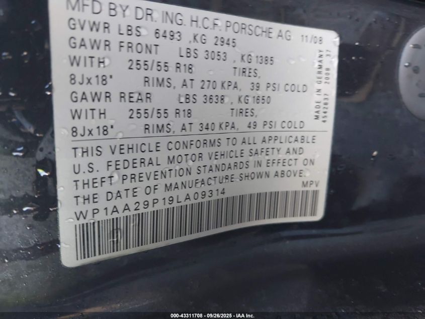 2009 Porsche Cayenne VIN: WP1AA29P19LA09314 Lot: 43311708