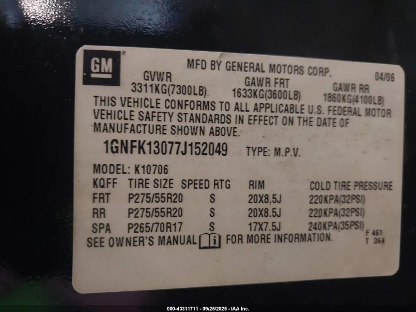 2007 Chevrolet Tahoe Ltz VIN: 1GNFK13077J152049 Lot: 43311711