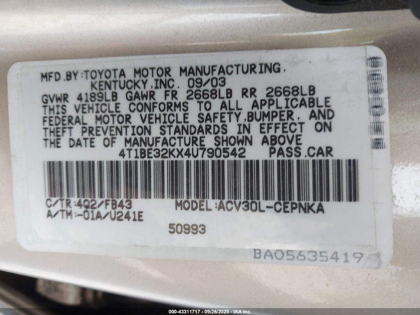 2004 Toyota Camry Le VIN: 4T1BE32KX4U790542 Lot: 43311717