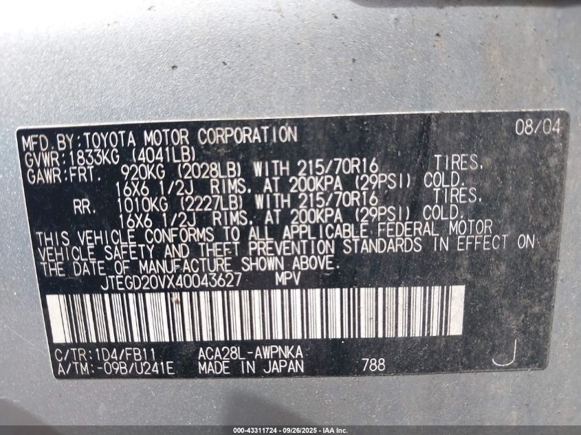 2004 Toyota Rav4 VIN: JTEGD20VX40043627 Lot: 43311724