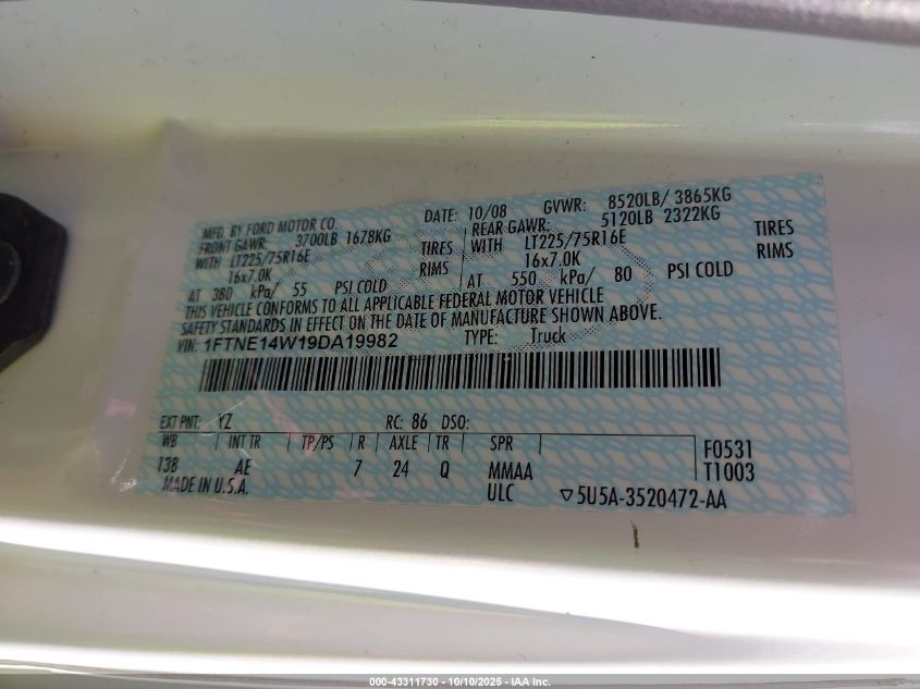 2009 Ford E-150 Commercial/Recreational VIN: 1FTNE14W19DA19982 Lot: 43311730