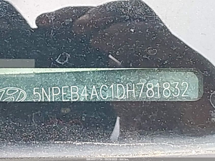 2013 Hyundai Sonata Gls VIN: 5NPEB4AC1DH781832 Lot: 43311734