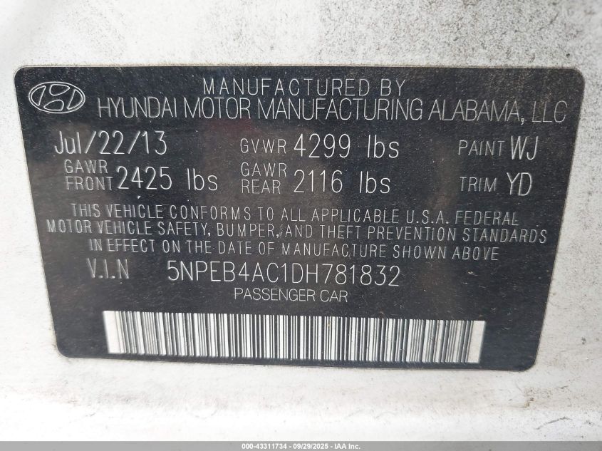 2013 Hyundai Sonata Gls VIN: 5NPEB4AC1DH781832 Lot: 43311734