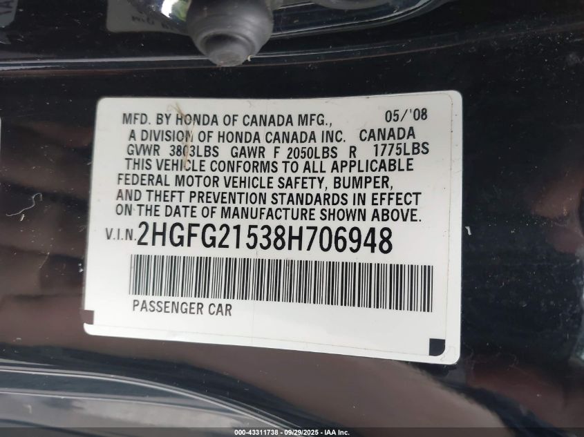 2008 Honda Civic Si VIN: 2HGFG21538H706948 Lot: 43311738