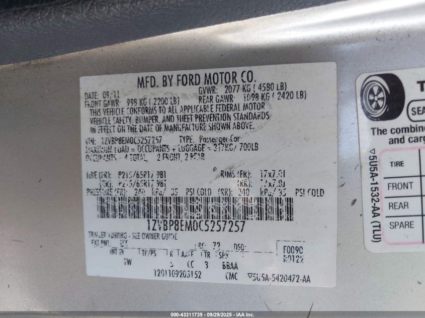 2012 Ford Mustang V6 VIN: 1ZVBP8EM0C5257257 Lot: 43311739
