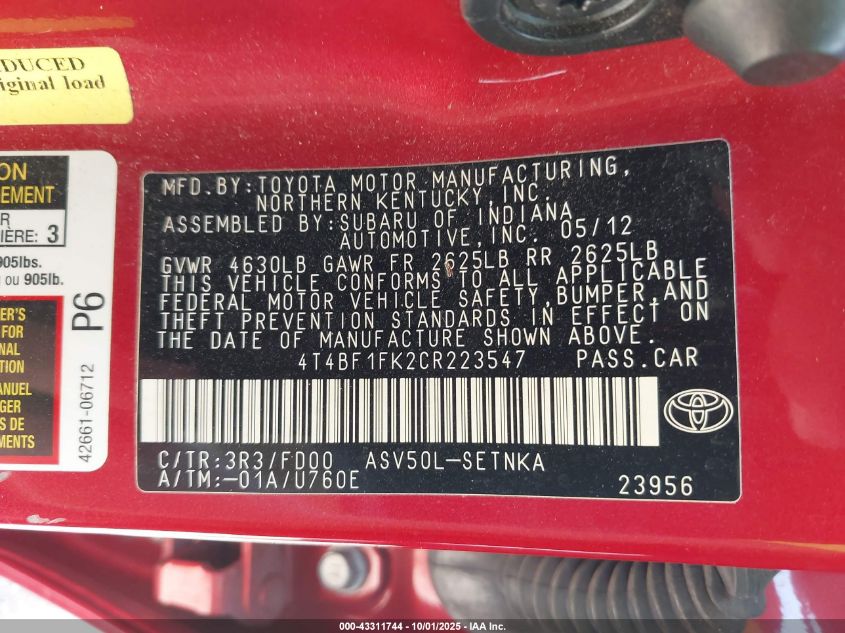 2012 Toyota Camry Le VIN: 4T4BF1FK2CR223547 Lot: 43311744