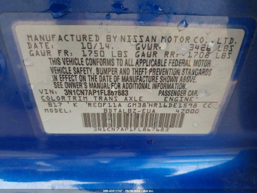 2015 Nissan Versa 1.6 Sv VIN: 3N1CN7AP1FL867683 Lot: 43311747