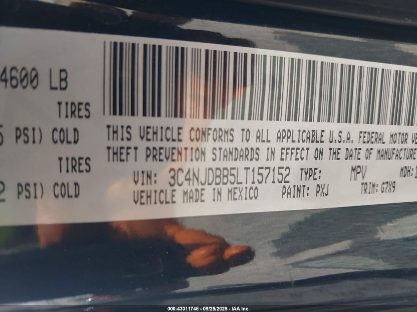 2020 Jeep Compass Latitude 4X4 VIN: 3C4NJDBB5LT157152 Lot: 43311748