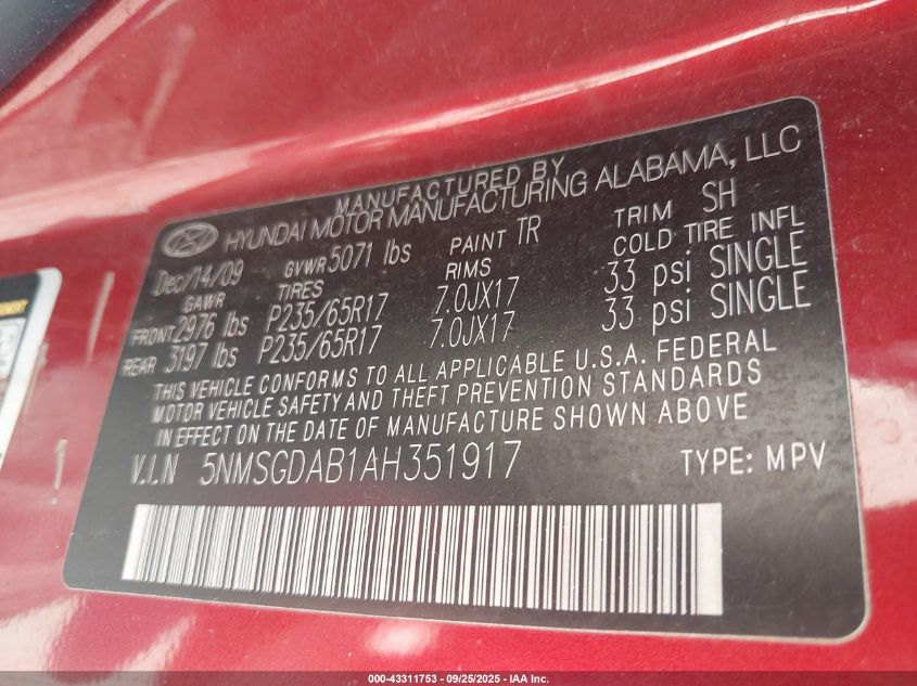 2010 Hyundai Santa Fe Gls VIN: 5NMSGDAB1AH351917 Lot: 43311753