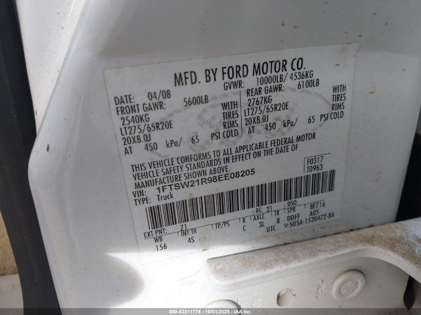 2008 Ford F-250 Fx4/Harley-Davidson/King Ranch/Lariat/Xl/Xlt VIN: 1FTSW21R98EE08205 Lot: 43311774