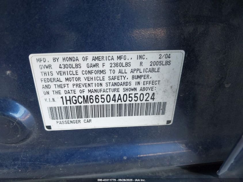 2004 Honda Accord 3.0 Ex VIN: 1HGCM66504A055024 Lot: 43311779