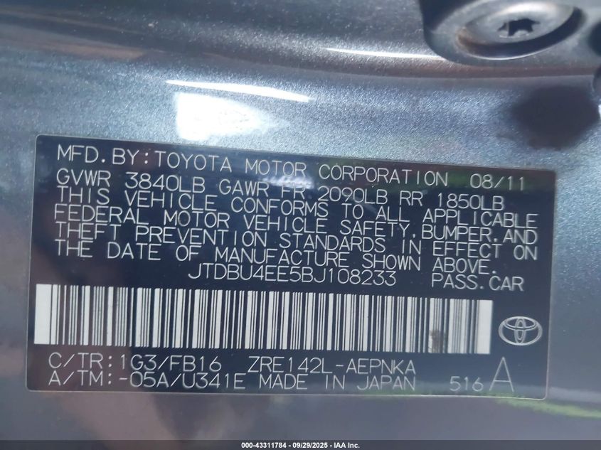 2011 Toyota Corolla Le VIN: JTDBU4EE5BJ108233 Lot: 43311784