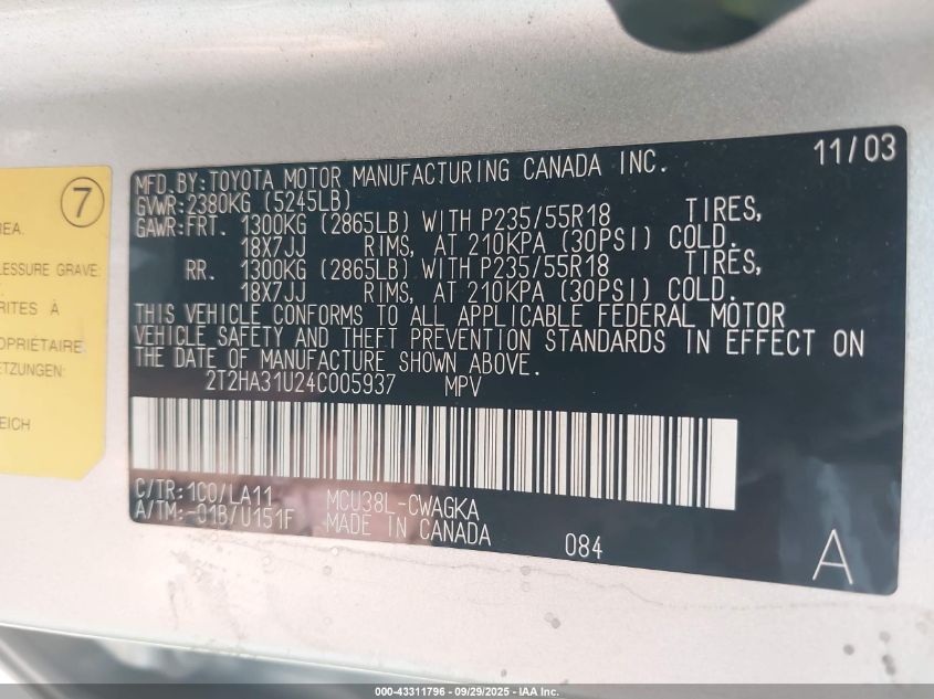 2004 Lexus Rx 330 VIN: 2T2HA31U24C005937 Lot: 43311796