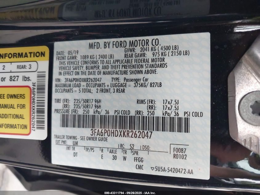 2019 Ford Fusion Se VIN: 3FA6P0HDXKR262047 Lot: 43311794