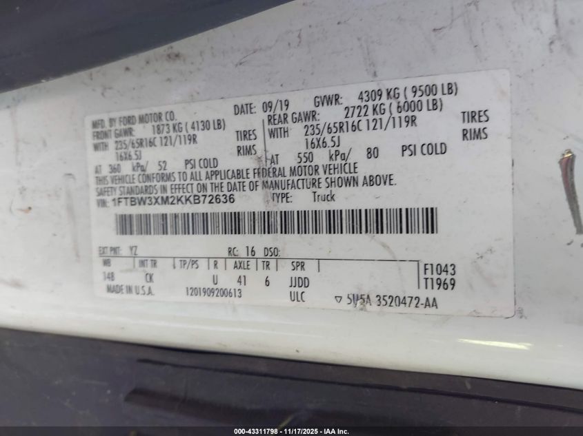 2019 Ford Transit-350 VIN: 1FTBW3XM2KKB72636 Lot: 43311798