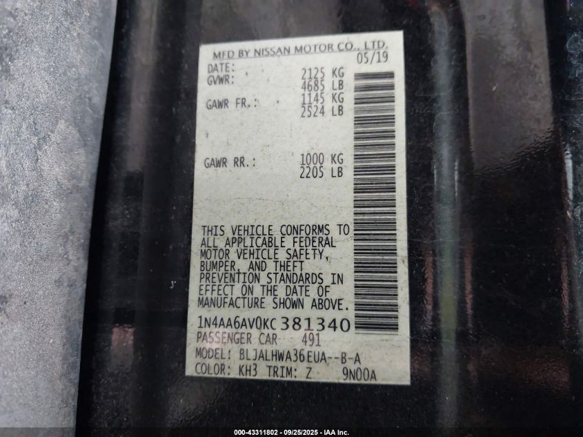 2019 Nissan Maxima 3.5 Platinum VIN: 1N4AA6AV0KC381340 Lot: 43311802