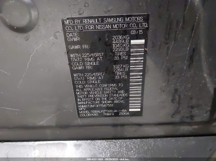 2015 Nissan Rogue S VIN: KNMAT2MT3FP547551 Lot: 43311805