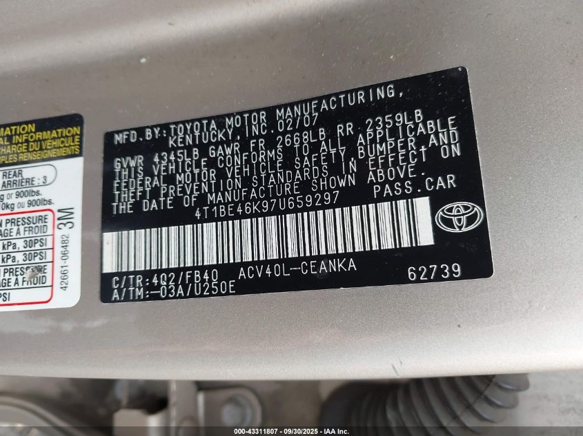 2007 Toyota Camry Le VIN: 4T1BE46K97U659297 Lot: 43311807