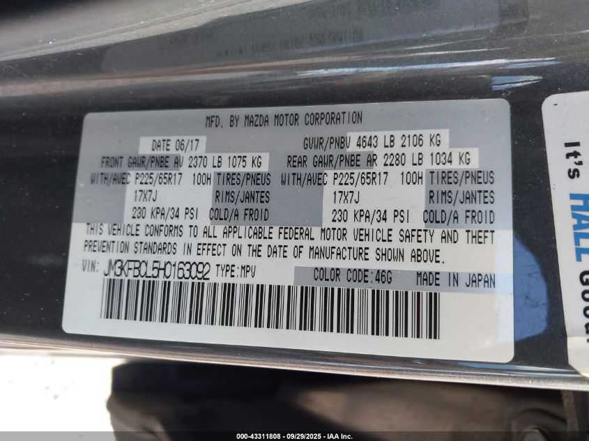 2017 Mazda Cx-5 Touring VIN: JM3KFBCL5H0163092 Lot: 43311808