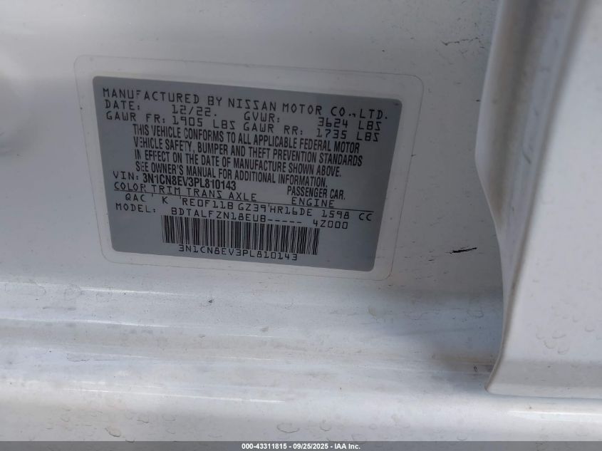 2023 Nissan Versa 1.6 Sv Xtronic Cvt VIN: 3N1CN8EV3PL810143 Lot: 43311815