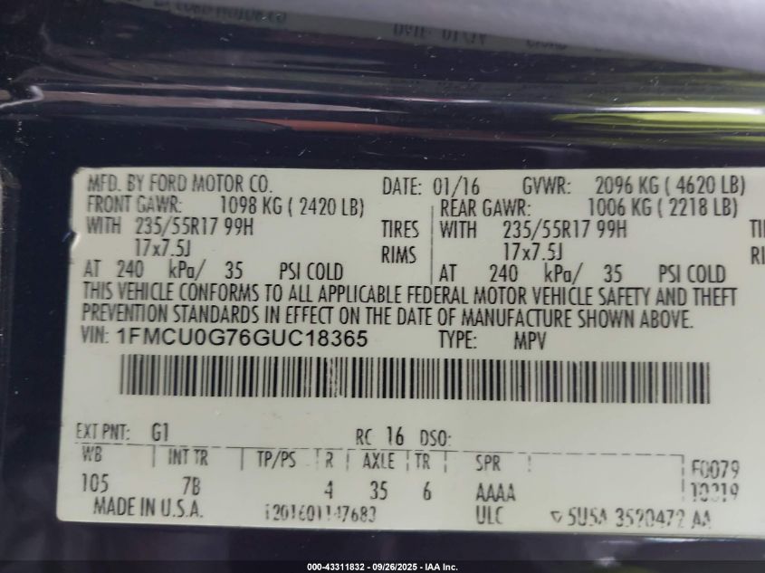 2016 Ford Escape Se VIN: 1FMCU0G76GUC18365 Lot: 43311832