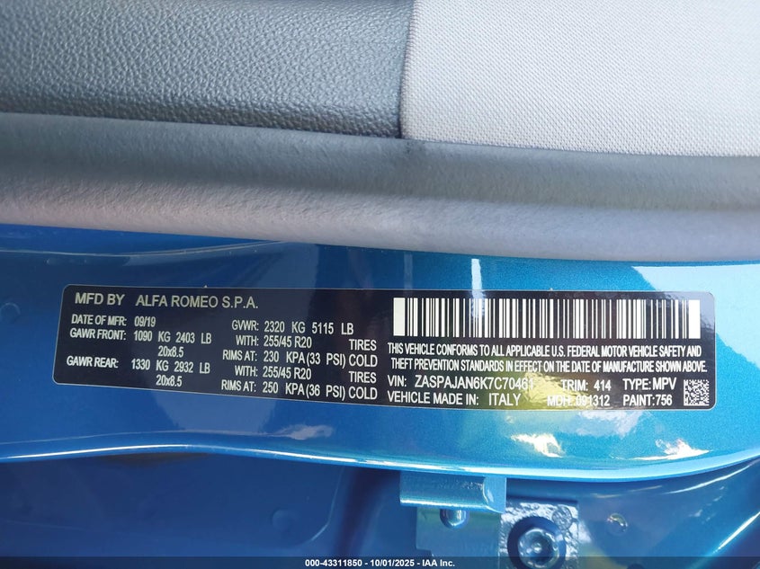 2019 ALFA ROMEO STELVIO RWD - ZASPAJAN6K7C70461