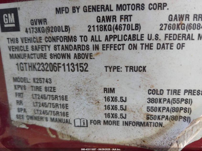 2006 GMC Sierra 2500Hd Sle1 VIN: 1GTHK23206F113152 Lot: 43311857