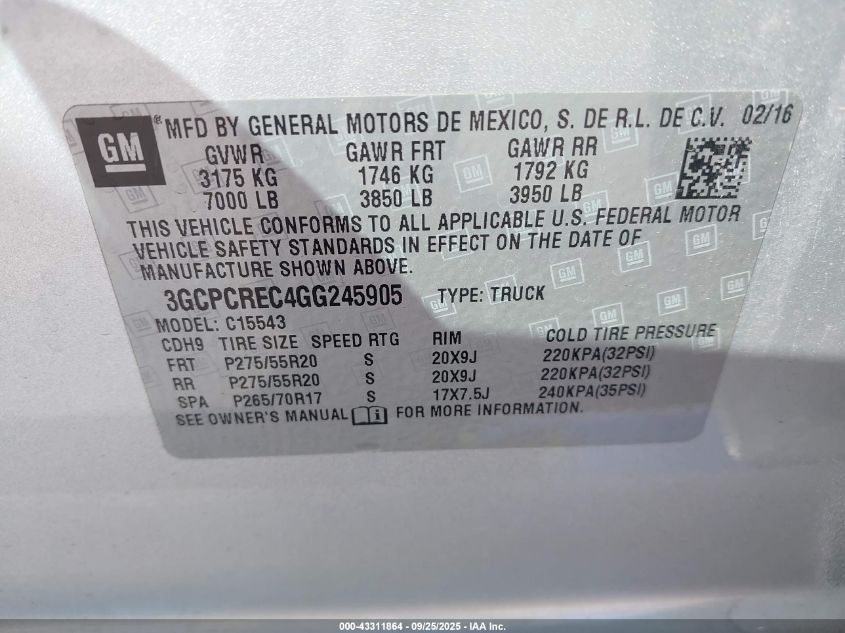 2016 Chevrolet Silverado 1500 1Lt VIN: 3GCPCREC4GG245905 Lot: 43311864