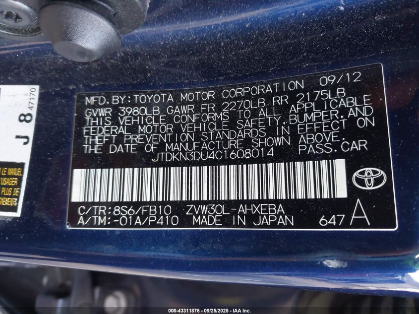 2012 Toyota Prius Two VIN: JTDKN3DU4C1608014 Lot: 43311876