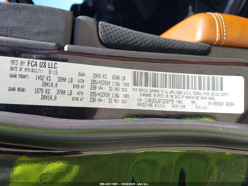 2015 Jeep Grand Cherokee Srt VIN: 1C4RJFDJ6FC878775 Lot: 43311881