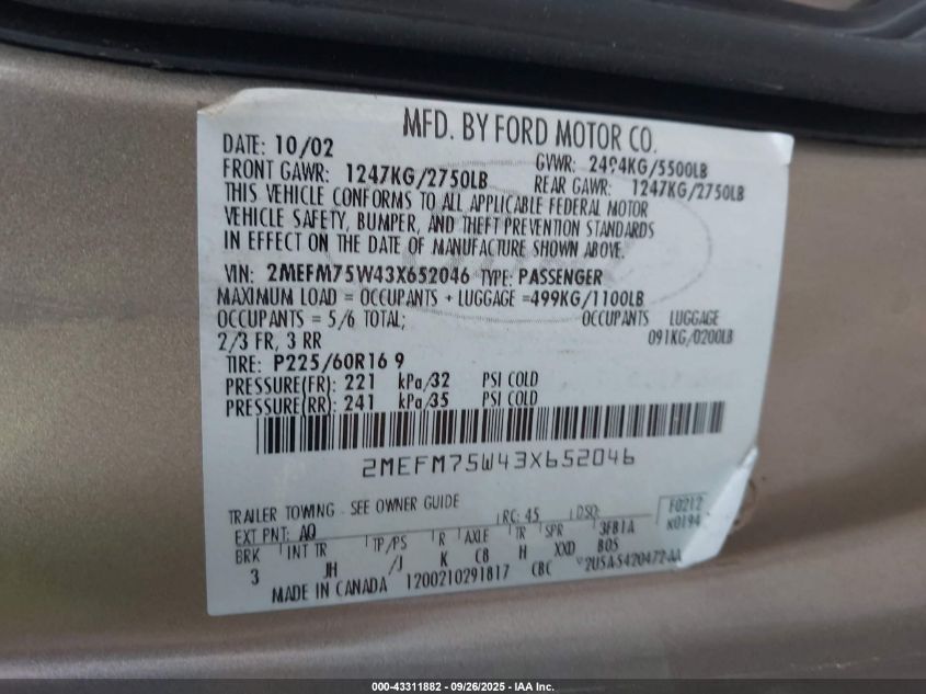 2003 Mercury Grand Marquis Ls VIN: 2MEFM75W43X652046 Lot: 43311882