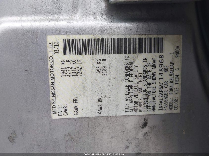 2010 Nissan Altima 2.5 S VIN: 1N4AL2AP6AC148968 Lot: 43311888