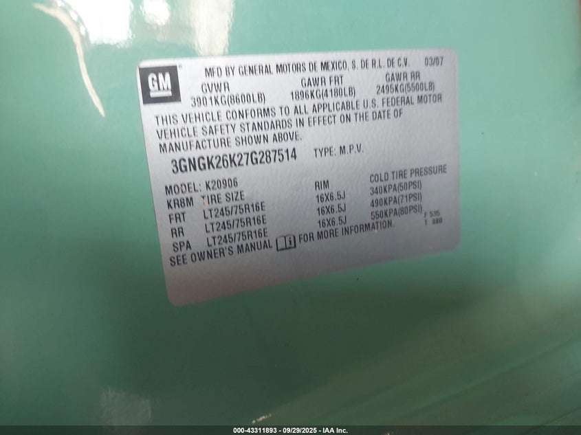3GNGK26K27G287514 2007 CHEVROLET  photo no. 9