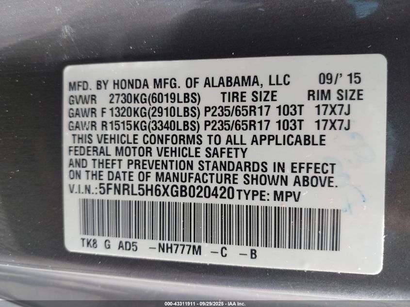 2016 Honda Odyssey Ex-L VIN: 5FNRL5H6XGB020420 Lot: 43311911