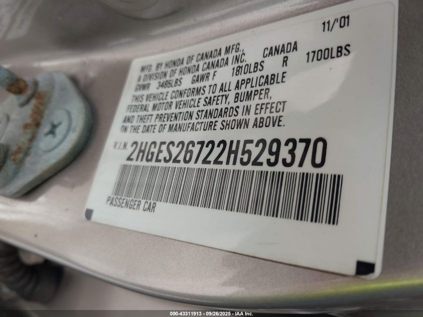 2002 Honda Civic Ex VIN: 2HGES26722H529370 Lot: 43311913