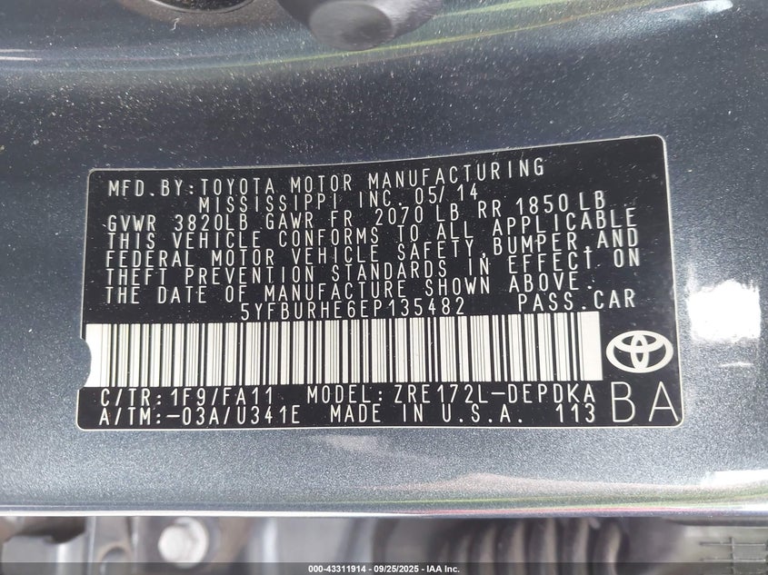 2014 Toyota Corolla L VIN: 5YFBURHE6EP135482 Lot: 43311914